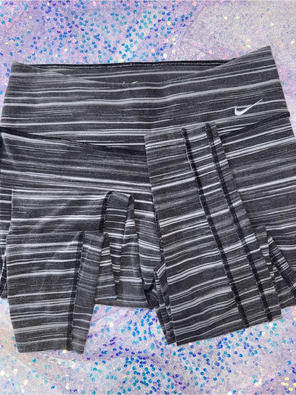 2310-Nike Black & Gray Striped Athletic Leggings